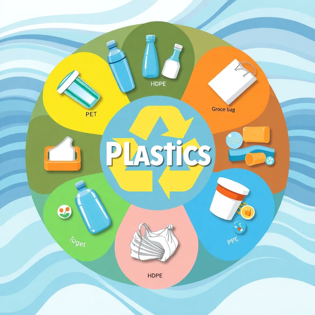 Farklı plastik türlerini belirli semboller ve renklerle gösteren bir grafik.